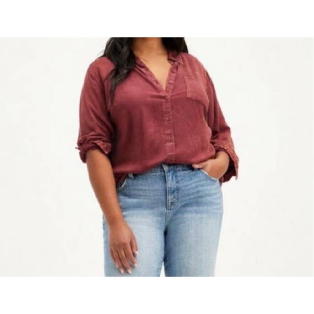 TORRID Burgundy Mineral Wash Button Down Long Sleeve Shirt Size 1 (1X)